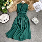 V-Neck Sleeveless Dresses French Chic Cross Drawstring Slim Waist Mssaz Desses