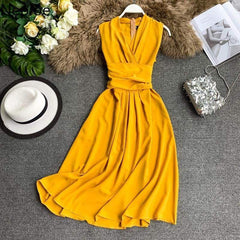 V-Neck Sleeveless Dresses French Chic Cross Drawstring Slim Waist Mssaz Desses
