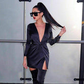 Autumn Long Sleeve Deep V Neck Satin Mini Dress Ladies Short Knot Wrap Split Party Club Dresses Mssaz Desses