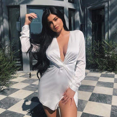 Autumn Long Sleeve Deep V Neck Satin Mini Dress Ladies Short Knot Wrap Split Party Club Dresses Mssaz Desses