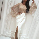 Beaded Patchwork Slit Long Puff Sleeve Formal Gown Mssaz Desses