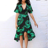 Boho Floral Ruffled Midi Dress Ladies Beach Holiday Party Spilt Dress Sundress Mssaz Desses