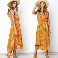 Boho Sleeveless Midi Dress Polka Dot Party High Waist O-Neck Holiday Beach Dress Sundress Mssaz Desses