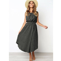 Boho Sleeveless Midi Dress Polka Dot Party High Waist O-Neck Holiday Beach Dress Sundress Mssaz Desses