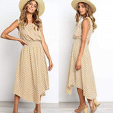 Boho Sleeveless Midi Dress Polka Dot Party High Waist O-Neck Holiday Beach Dress Sundress Mssaz Desses