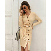 Knitted Sweater Bodycon Dress New Ladies Casual V-neck Button Autumn Winter Elegant Jumper Dress Mssaz Desses