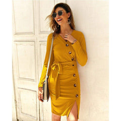 Knitted Sweater Bodycon Dress New Ladies Casual V-neck Button Autumn Winter Elegant Jumper Dress Mssaz Desses