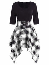 Lace Up Plaid Asymmetrical Dress O-Neck Mssaz Desses