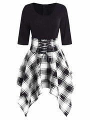 Lace Up Plaid Asymmetrical Dress O-Neck Mssaz Desses