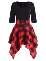 Lace Up Plaid Asymmetrical Dress O-Neck Mssaz Desses