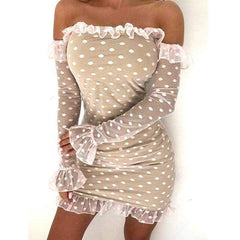Ladies See-through Base Dress Flared Long Sleeve Off-shoulder Polka Dots Printed Short Mini Dress Mssaz Desses