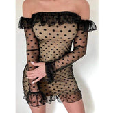 Ladies See-through Base Dress Flared Long Sleeve Off-shoulder Polka Dots Printed Short Mini Dress Mssaz Desses