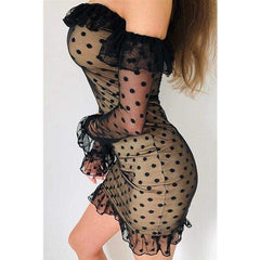 Ladies See-through Base Dress Flared Long Sleeve Off-shoulder Polka Dots Printed Short Mini Dress Mssaz Desses