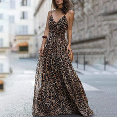 Leopard Print Sleeveless Maxi Long Dress Ladies Party V Neck Beach Dress Sundress Mssaz Desses