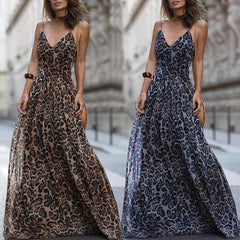 Leopard Print Sleeveless Maxi Long Dress Ladies Party V Neck Beach Dress Sundress Mssaz Desses