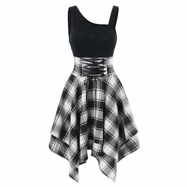 Sleeveless Cold Shoulder Cross Lace Up Plaid Asymmetrical Dress Mssaz Desses