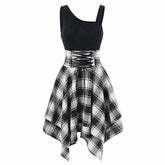 Sleeveless Cold Shoulder Cross Lace Up Plaid Asymmetrical Dress Mssaz Desses