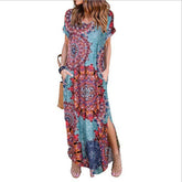 Boho Pocket Long Maxi Dress Floral Cocktail Party Beach Casual V Neck Split Loose Dress Sundress Mssaz Desses