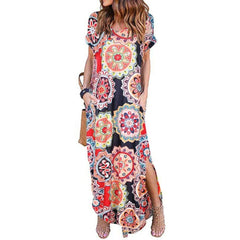 Boho Pocket Long Maxi Dress Floral Cocktail Party Beach Casual V Neck Split Loose Dress Sundress Mssaz Desses