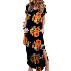 Boho Pocket Long Maxi Dress Floral Cocktail Party Beach Casual V Neck Split Loose Dress Sundress Mssaz Desses