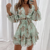 Floral Chiffon Ruffles A-Line Deep V Tied Up Dress Mssaz Desses
