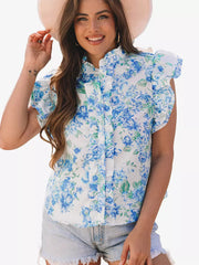 Bohemian Floral Stand Collar Flutter Sleeve Print Ruffled Sleeves Blouse Mssza