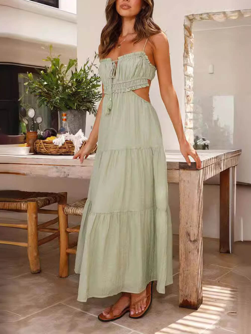 Hollow Sleeveless Pleated Patchwork Full Hem Dress Mssaz Desses