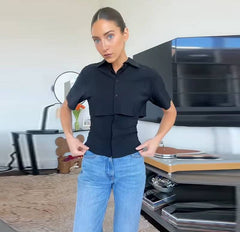 Casual Turn-Down Collar Patchwork Single Breasted Short Sleeve Shirt Mssza