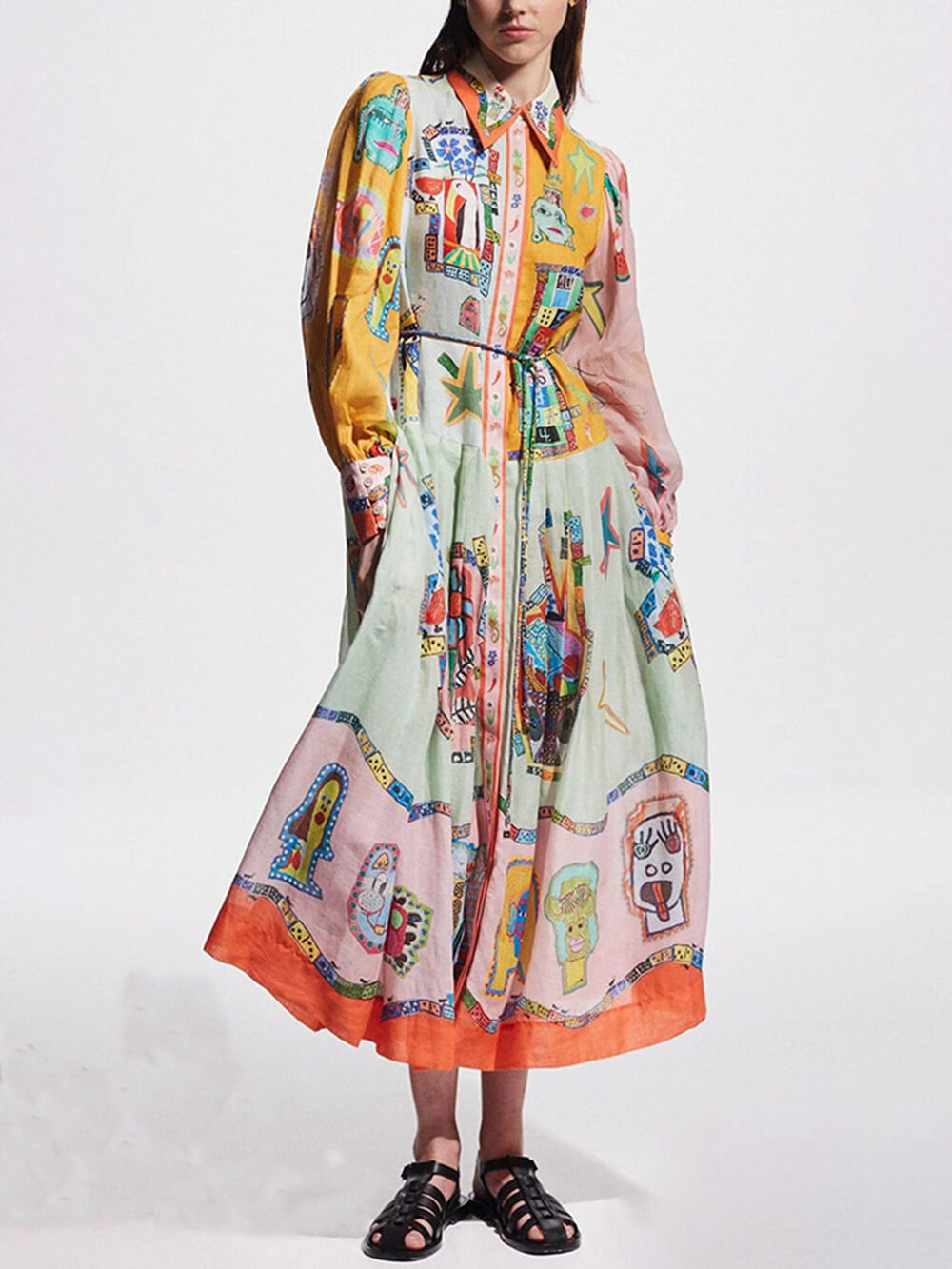 Unique Print Colorblock Balloon Sleeve Belt Shirt Midi Dress Mssaz Desses