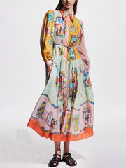 Unique Print Colorblock Balloon Sleeve Belt Shirt Midi Dress Mssaz Desses
