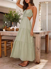 Hollow Sleeveless Pleated Patchwork Full Hem Dress Mssaz Desses