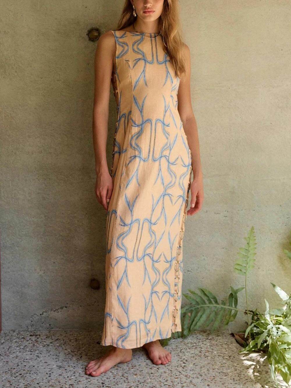 Signature Printed Hoop-Embellished Sleeveless Midi Dress Mssaz Desses