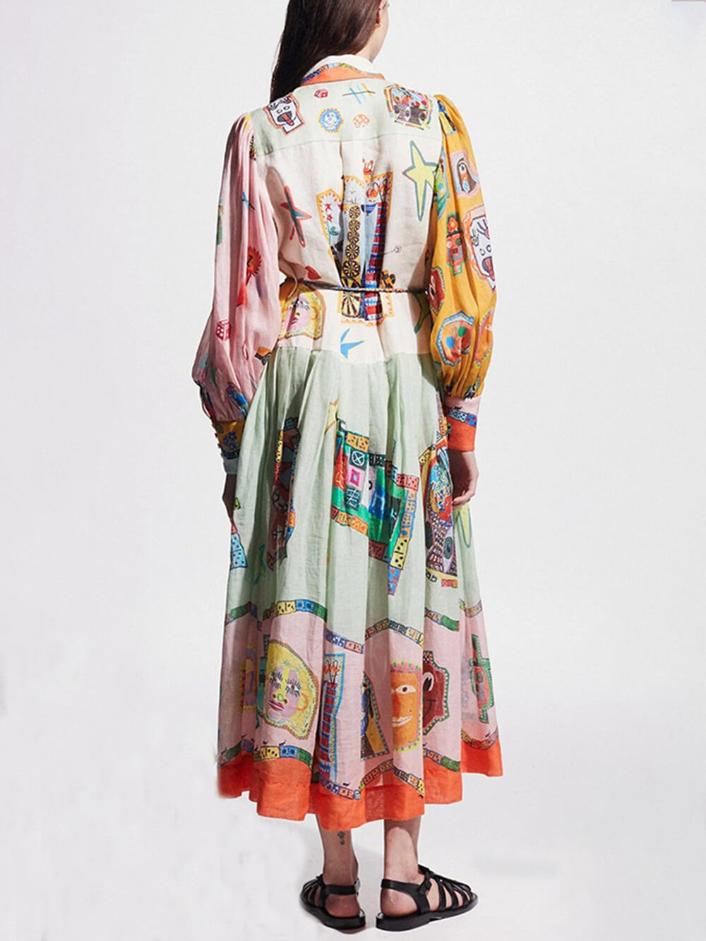 Unique Print Colorblock Balloon Sleeve Belt Shirt Midi Dress Mssaz Desses