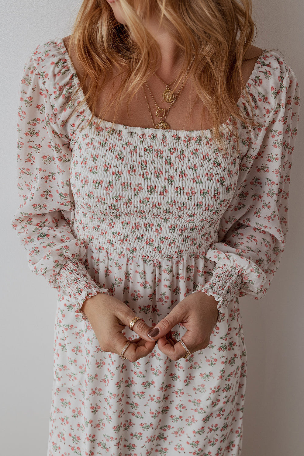 White Floral Print Shirred Ruffled Hem Square Neck Midi Dress Mssaz Desses