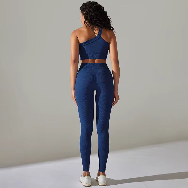 One Shoulder Crop Top High Waist Leggings Ribbed Two Piece Set Mssza