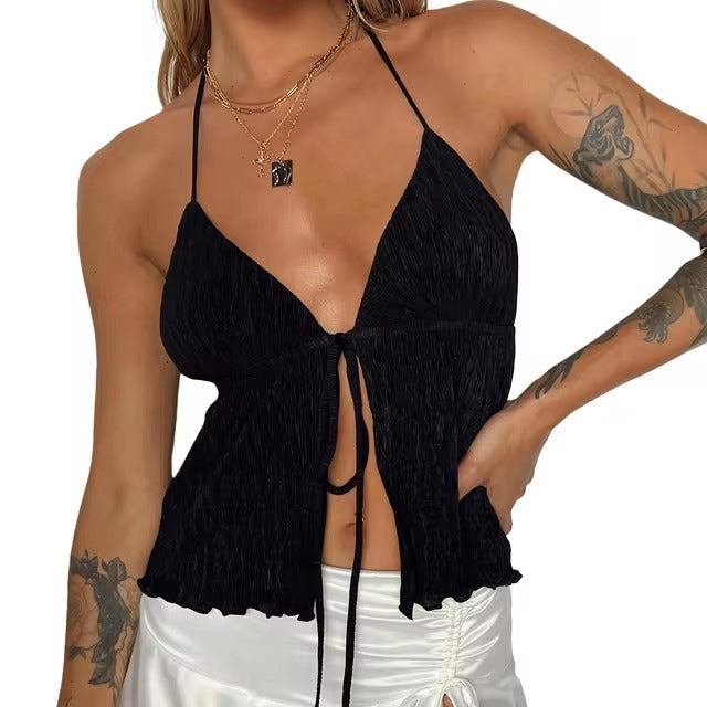 Casual Linen Bandage Open Front Backless Slight Stretch Crop Tops Mssza