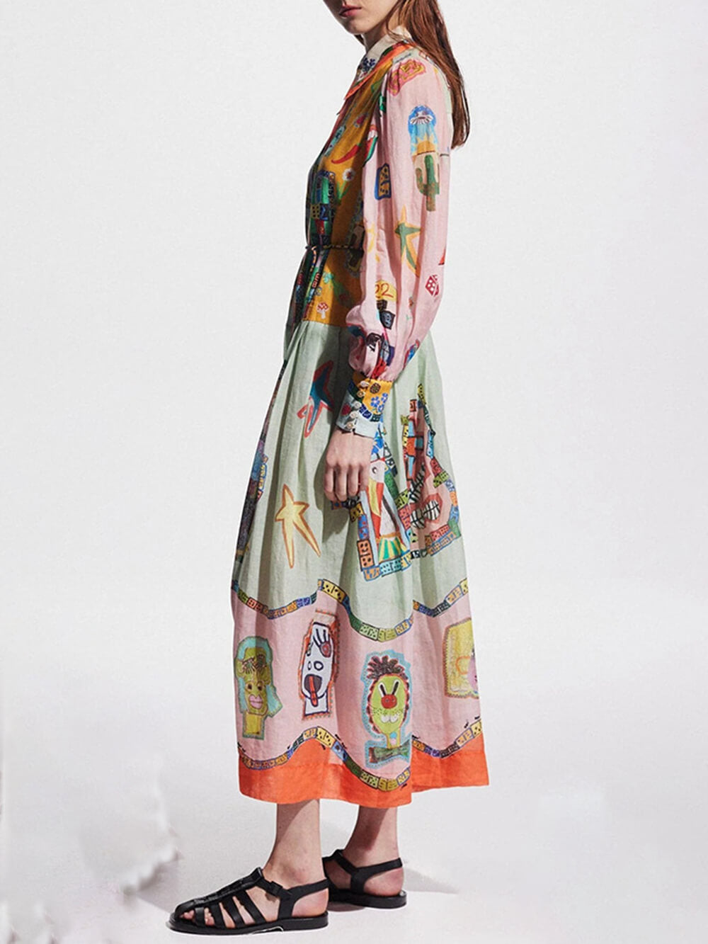 Unique Print Colorblock Balloon Sleeve Belt Shirt Midi Dress Mssaz Desses