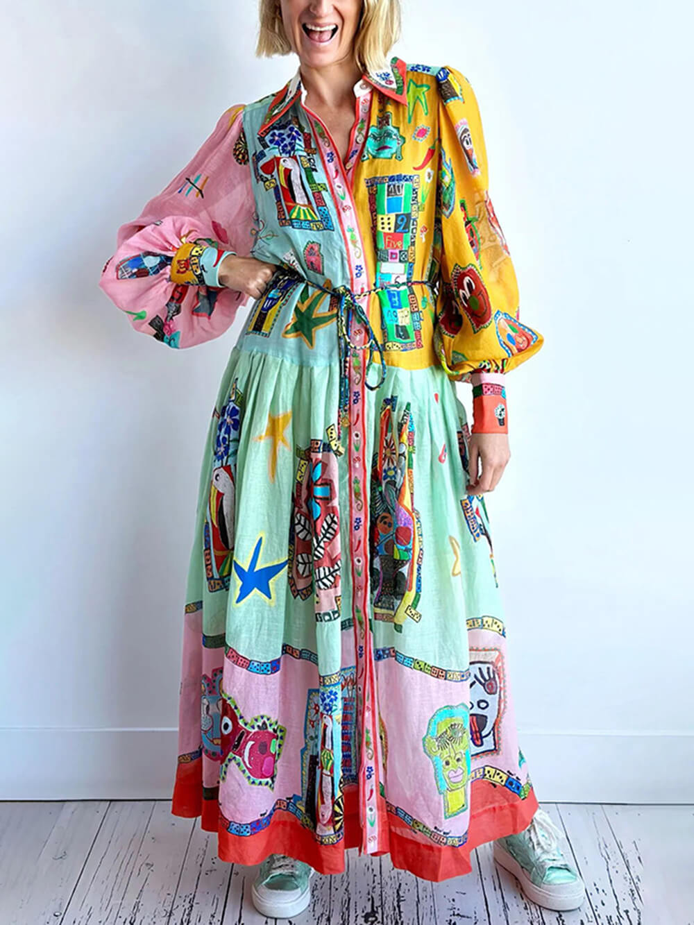 Unique Print Colorblock Balloon Sleeve Belt Shirt Midi Dress Mssaz Desses