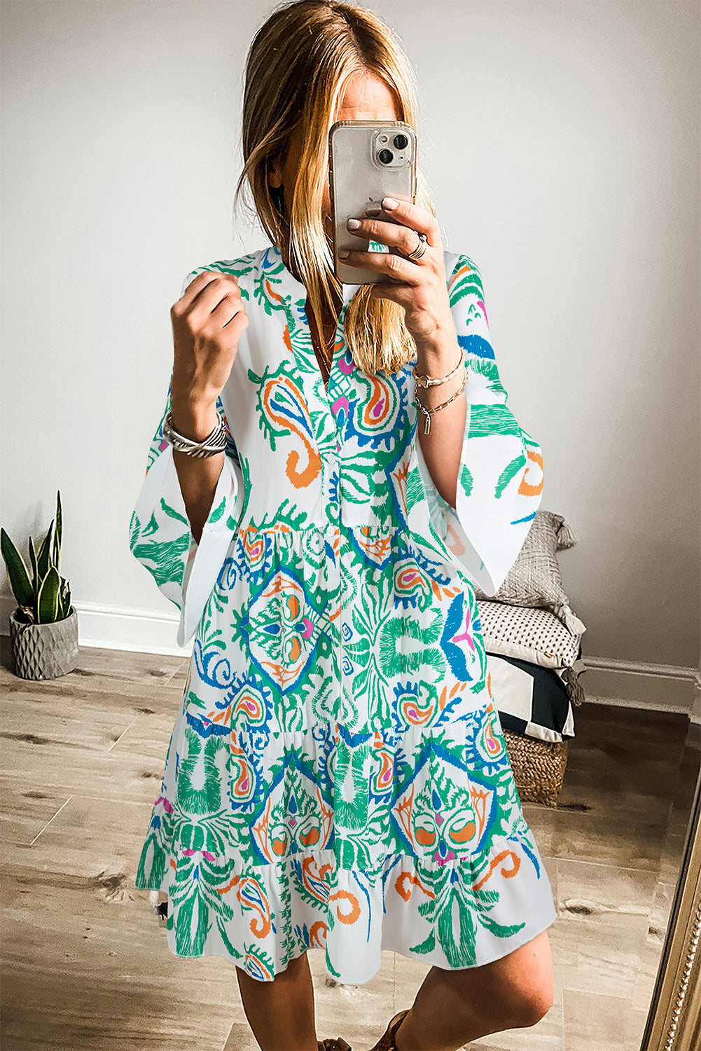 Green Tribal Bracelet Sleeve Buttoned Mini Dress Mssaz Desses