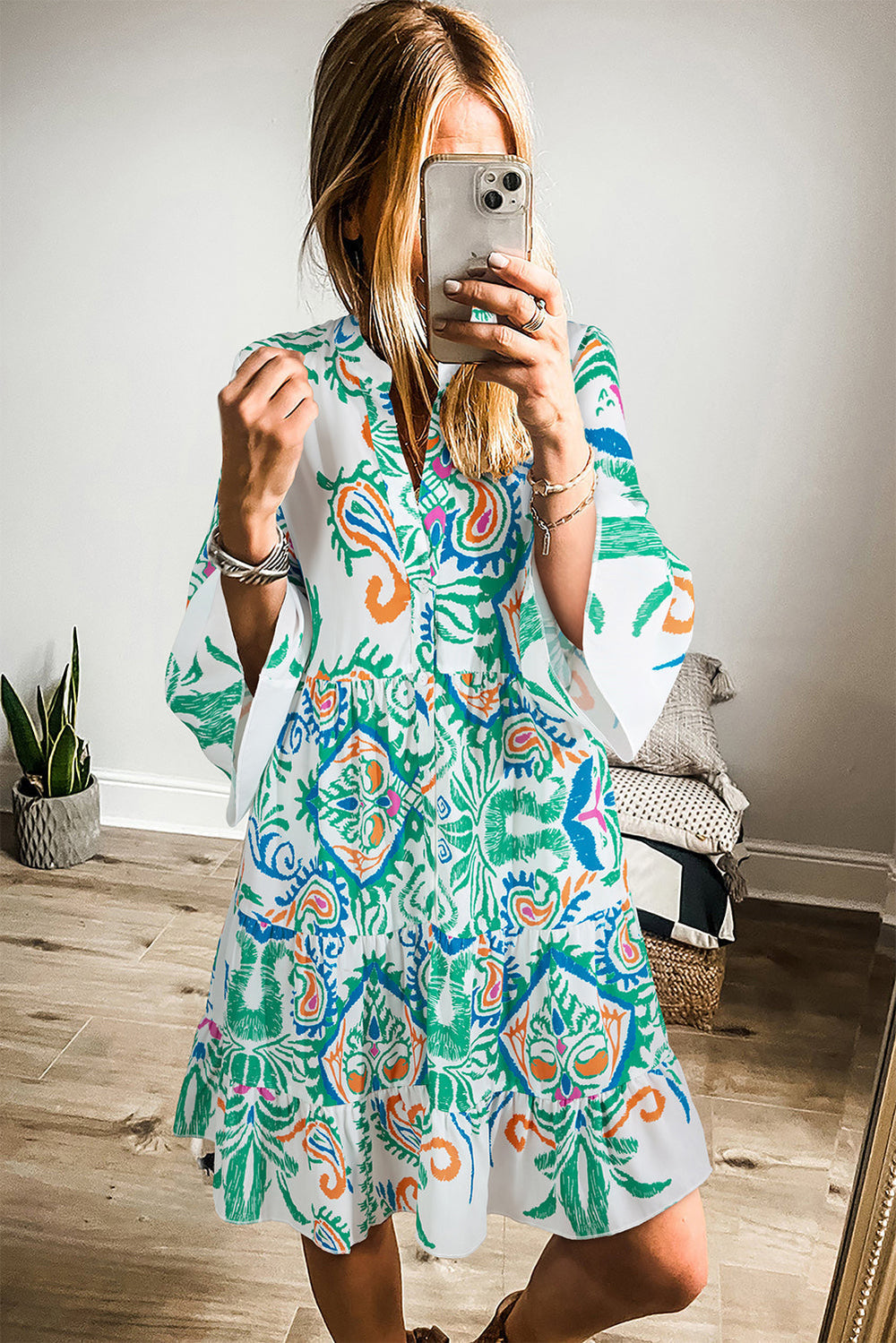 Green Tribal Bracelet Sleeve Buttoned Mini Dress Mssaz Desses