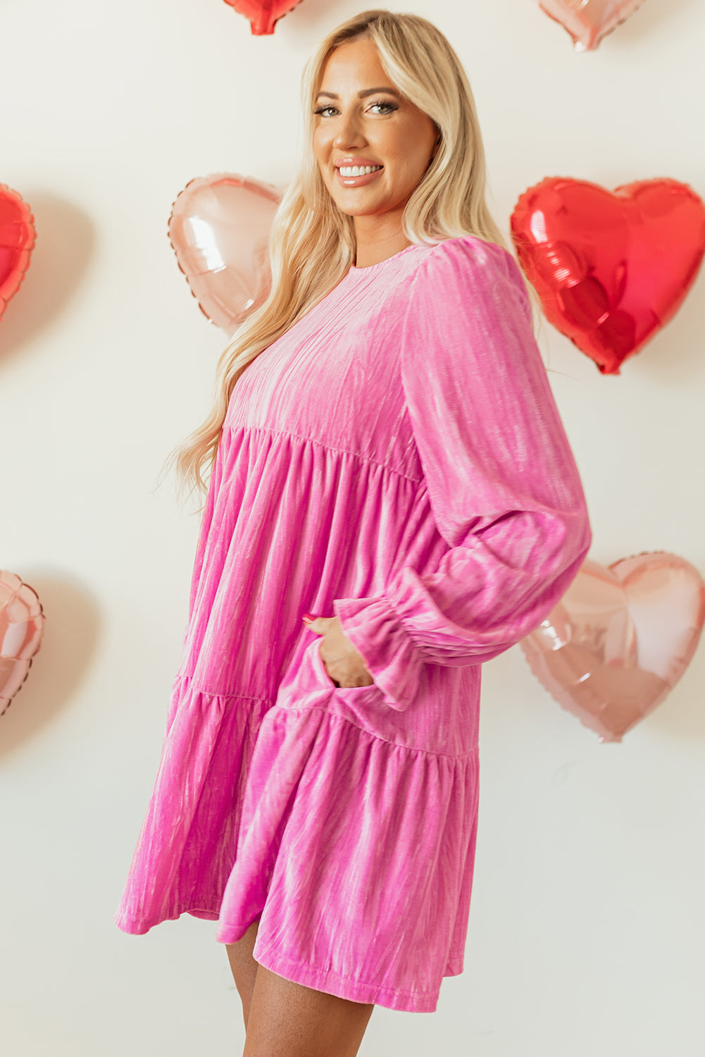 Strawberry Pink Flounce Sleeve Tiered Ruffled Velvet Mini Dress Mssaz Desses