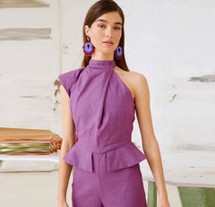 Elegant Solid Halter Waist Fake Pockets Wide Leg Cinching One Piece Jumpsuit Mssza