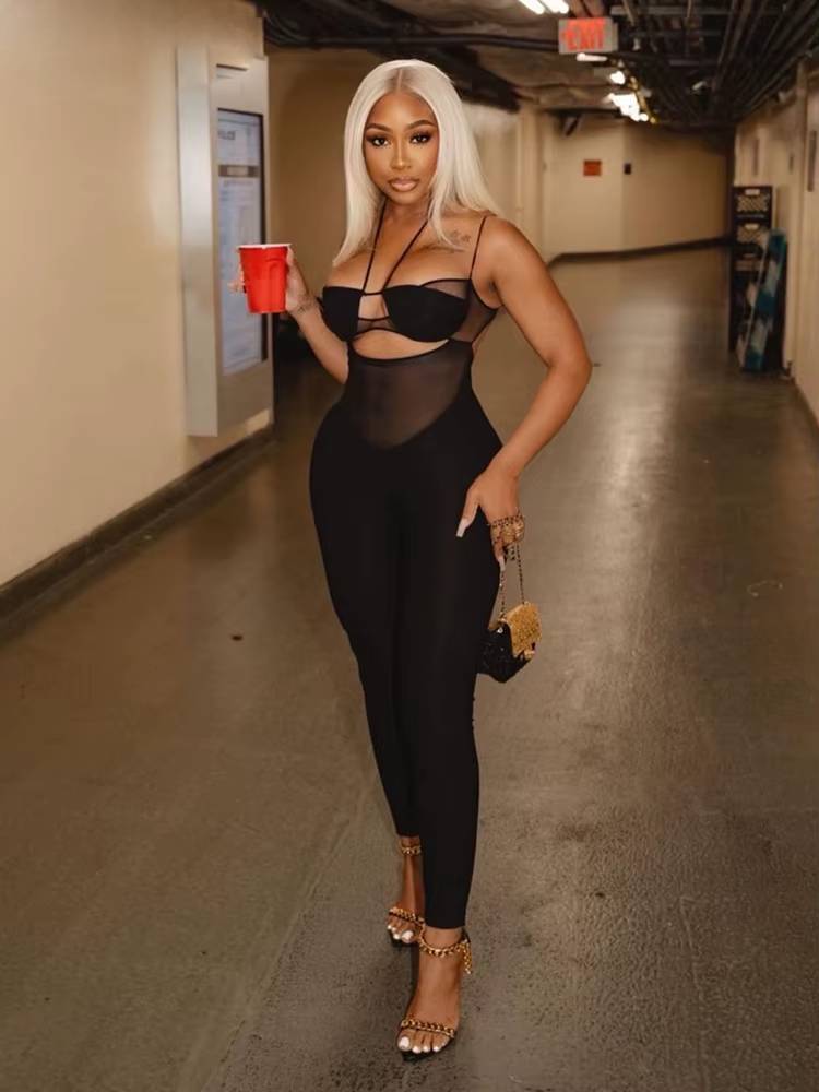 Elegant Solid Mesh Casual Spaghetti Strap Body-Shaping Jumpsuit Mssza