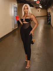 Elegant Solid Mesh Casual Spaghetti Strap Body-Shaping Jumpsuit Mssza