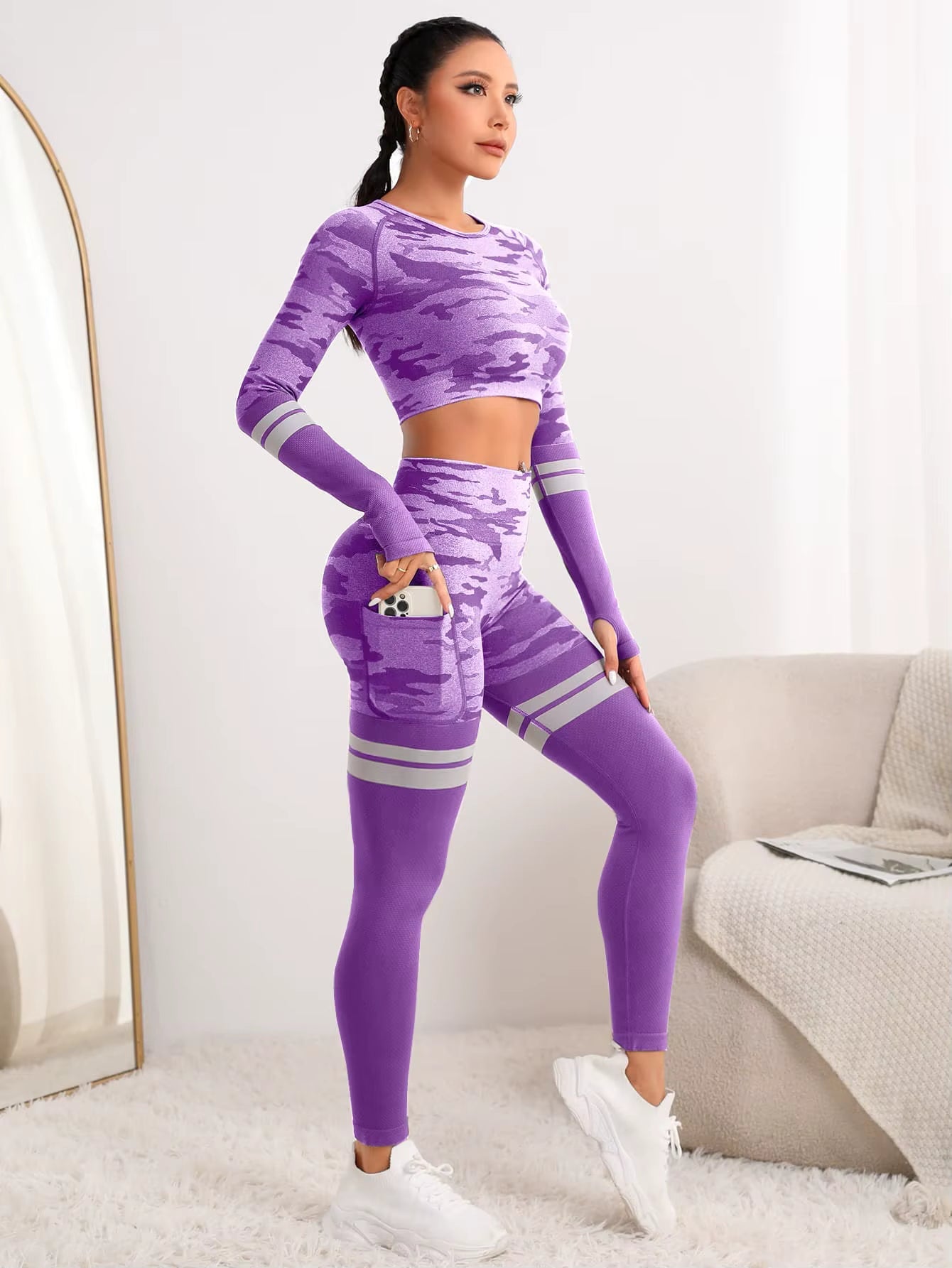 Trendy Seamless Fitness Long Sleeve Cropped Top high Waist Trousers Yoga Suit Mssza