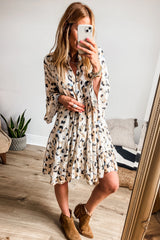 Khaki Leopard Print Buttoned Front 3/4 Sleeve Tiered Ruffled Hem Dress Mssaz Desses