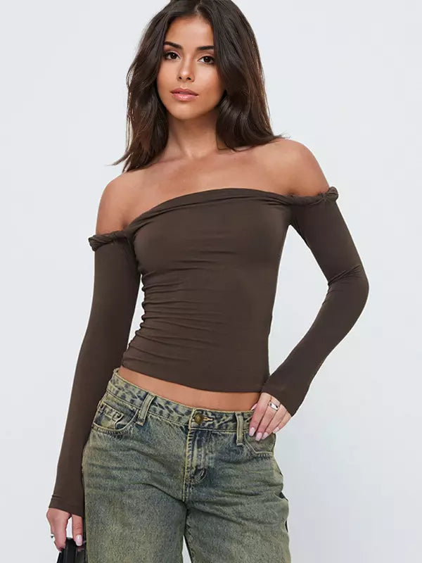 Elegant Bateau Off-shoulder Solid Color Long Sleeve T-shirt Mssza