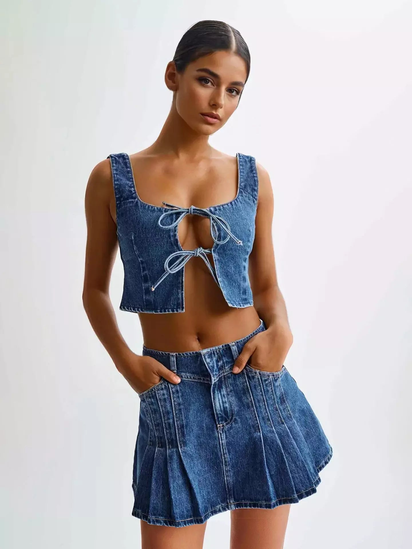 Casual Front Tie Crop Top And Mini Skirt Denim Two Piece Set Mssza