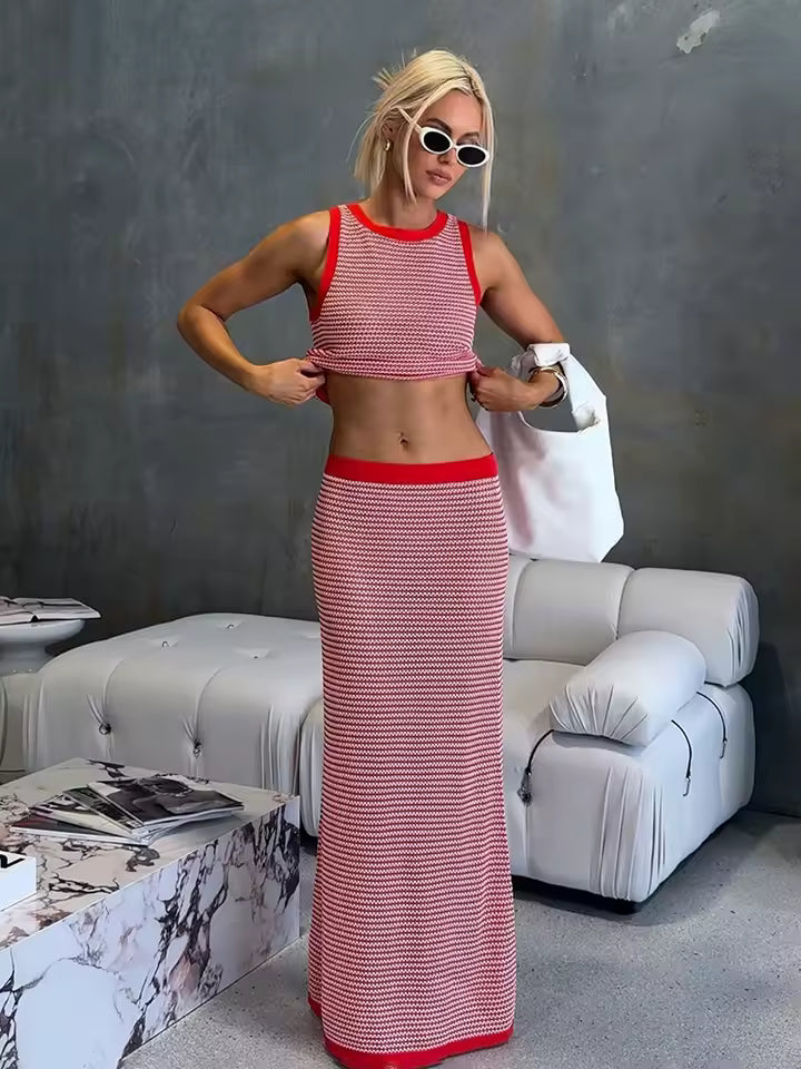 Casual Hook hollow Knit Striped High Waist Skirt And Crop Top Two Pieces Set Mssza
