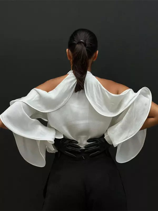 Elegant Pearl Button Open Shoulder Sleeve Ruffled Blouse Mssza